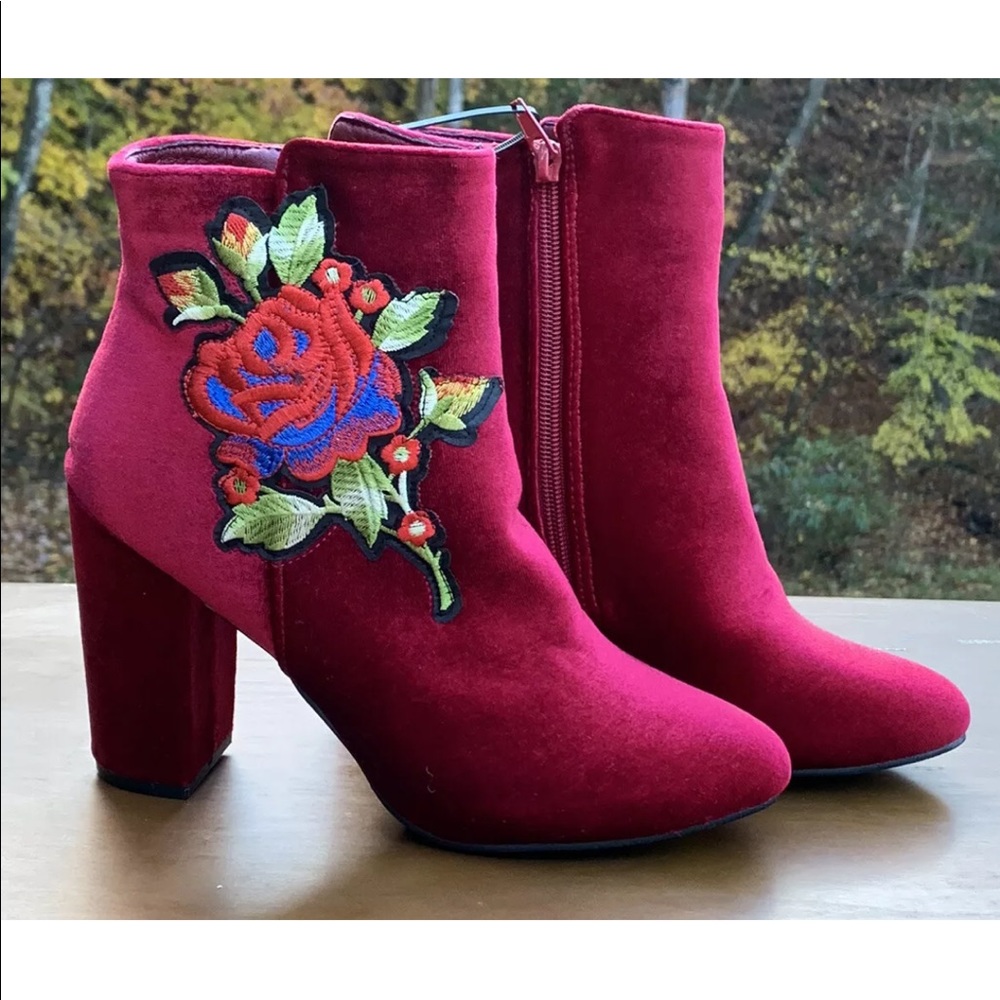 NWOB Hot Kiss 💋Patchy magenta red Velvet Ankle Boots 4" Heels Various sizes
